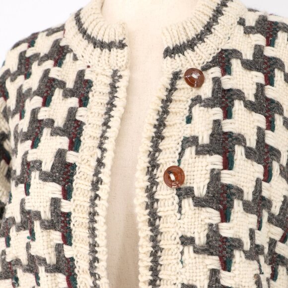 VINTAGE Women's Thick Knit Basketweave Button Front Cardigan Sweater Cream Brown - Picture 6 of 7
